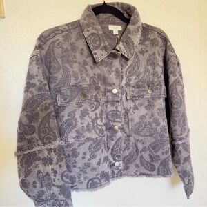 EASEL Mineral Washed Loose Fit Snap Front Lux Denim Jacket Gray w/ White Paisley